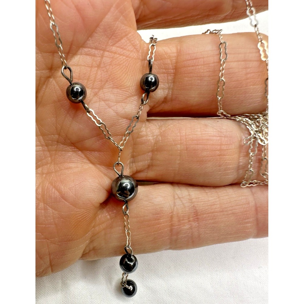Sterling Silver Hematite Y Drop Necklace 17" Delicate Links Ball Beads 925